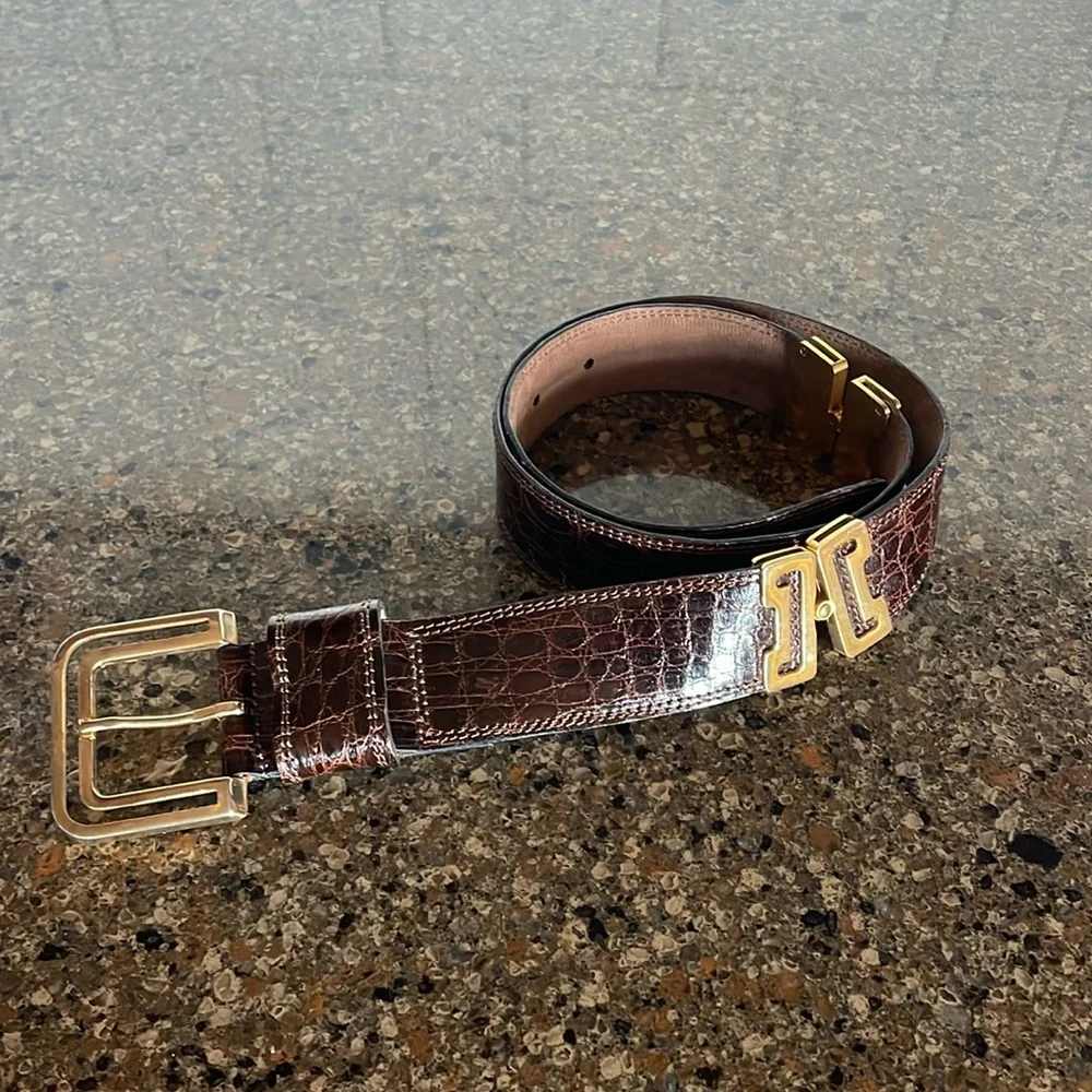 Pierre Cardin Paris France Brown Leather Crocodile Veritable Gold Belt Size 85